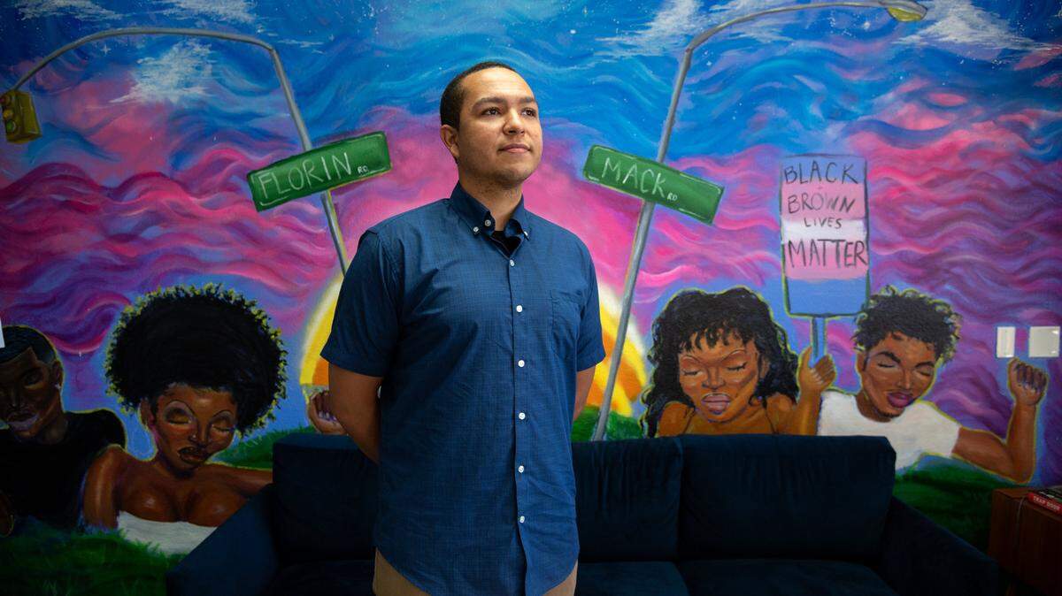 Duke Cooney talks about his candidacy for Sacramento County Supervisor District 2 on Thursday, July 8, 2021, in front of a mural at the Marsha P. Johnson Center, an extension of Sacramento LGBT Community Center, on Stockton Boulevard in Sacramento. If elected, Cooney would be the first openly LGBT member of that body.