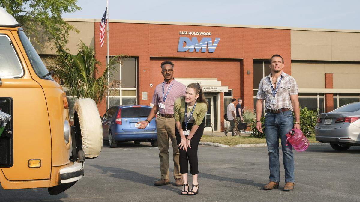 Tim Meadows, Harriet Dyer, and Tony Cavalero star in CBS’ new workplace comedy “DMV.”