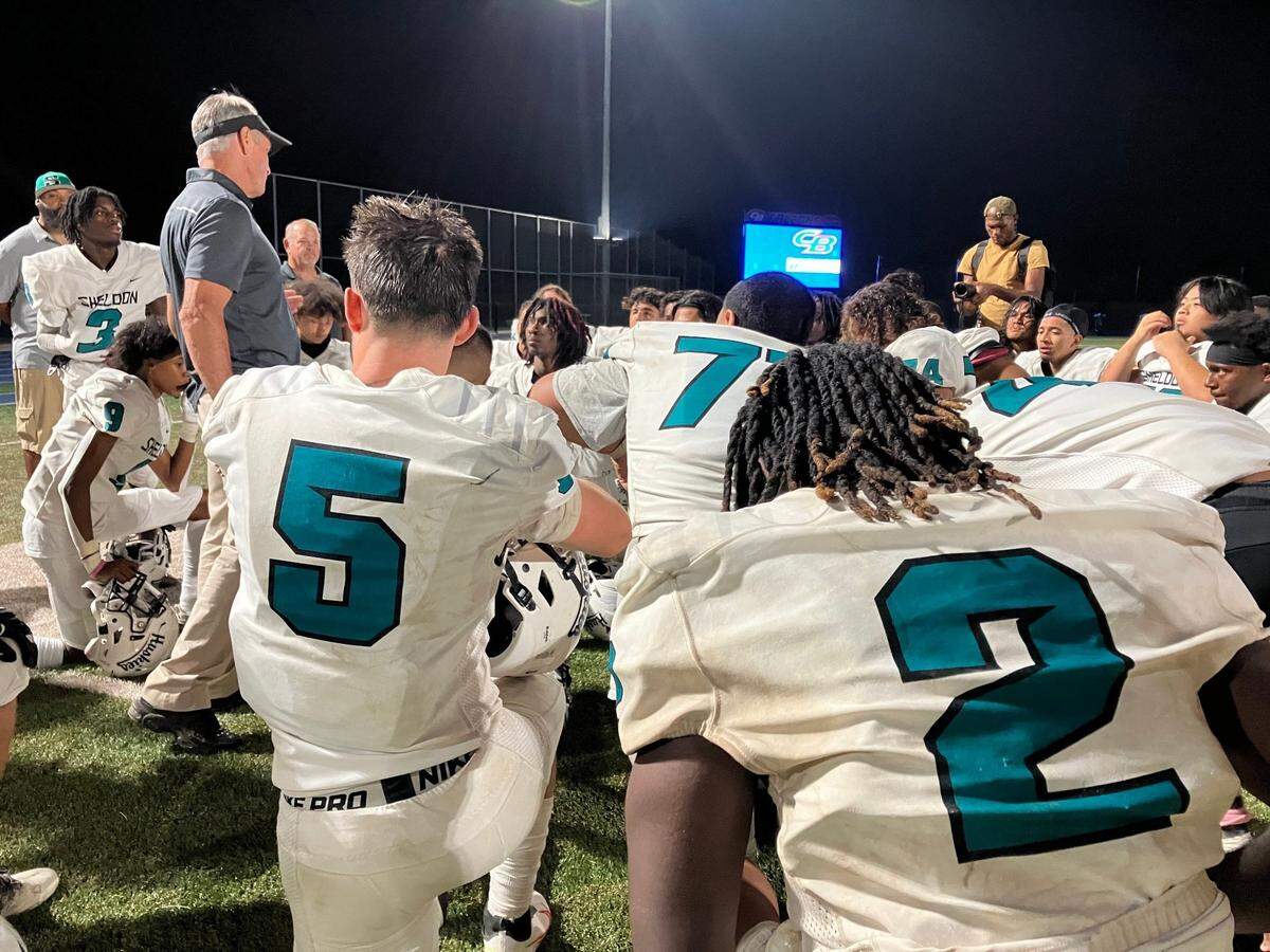 Sheldon coach Chris Nixon talks to his team about their 3-0 start after a win over Christian Brothers on Friday, Sept. 2, 2022.