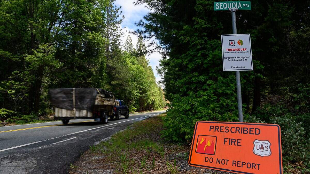 A vehicle drives by down Foresthill Road on Friday, May 24, 2019, passing a sign that warns the U.S. Forest Service has performed a prescribed burn in the area to help fire suppression in the Tahoe National Forest.