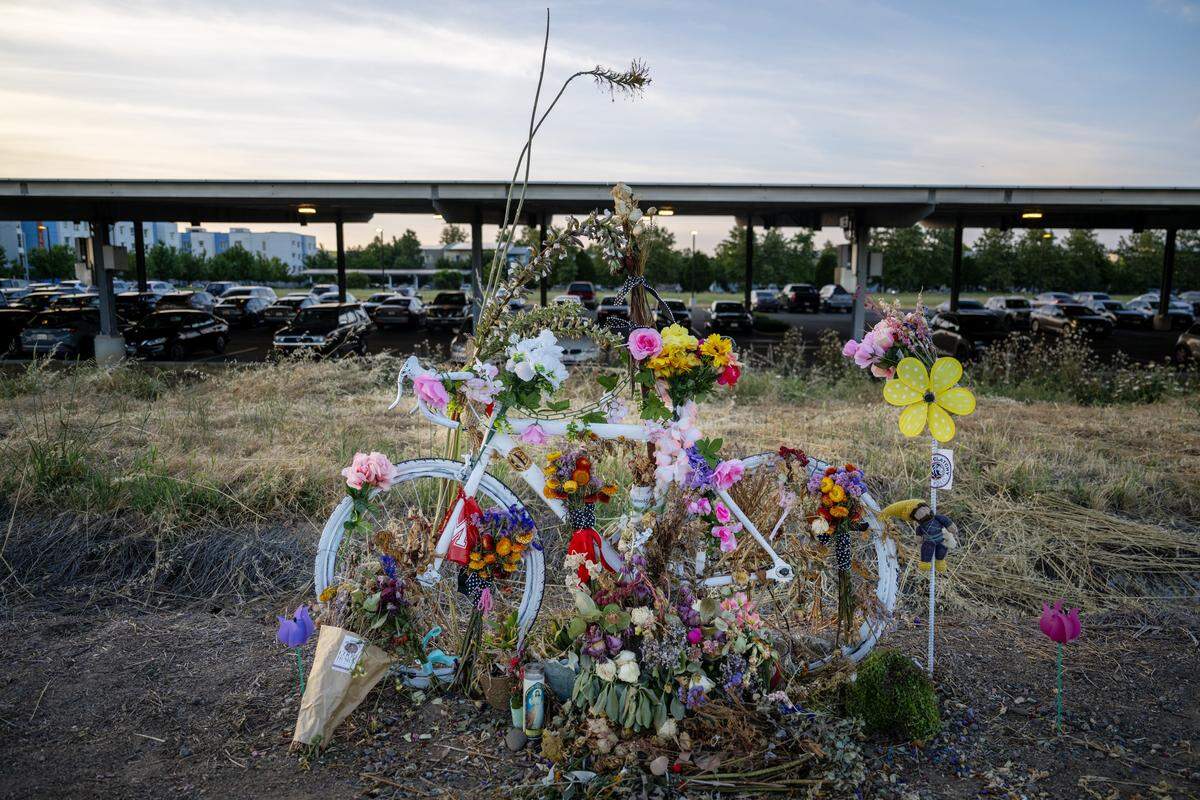 A ghost bike is covered in flowers on Wednesday to remember Lincoln Sabini, a UC Davis student who was killed while cycling, near the crash site on Hutchison Drive.