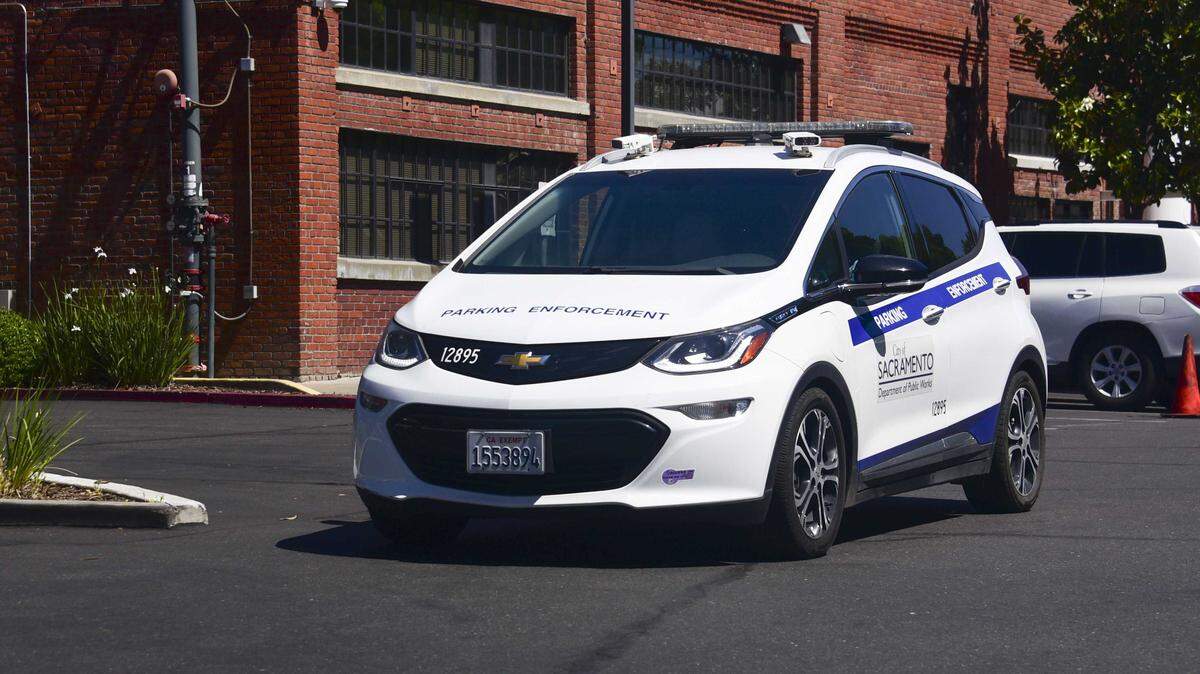A city of Sacramento parking enforcement vehicle is seen patrolling a parking lot in East Sacramento on May 14, 2026.