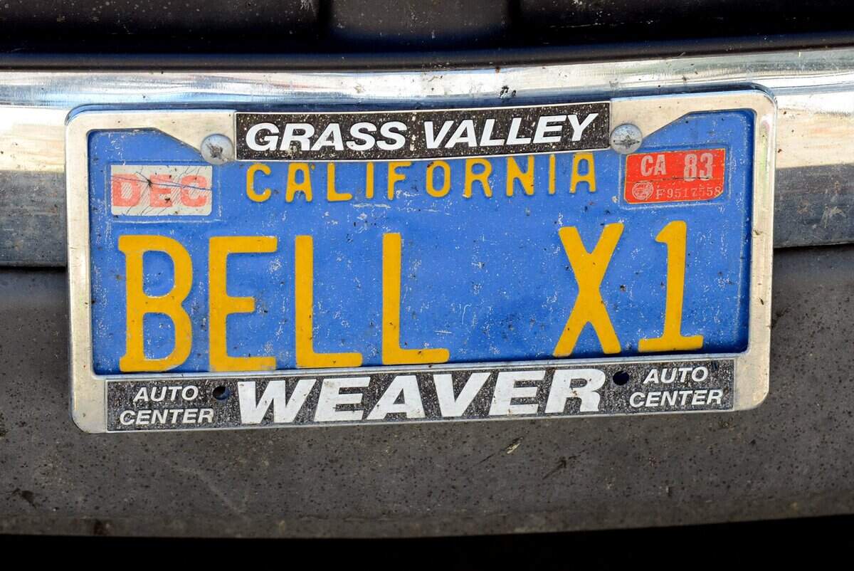 The license plate from Chuck Yeager’s truck says Bell X1, referring to the aircraft Yeager flew when he was the first man to break the sound barrier.