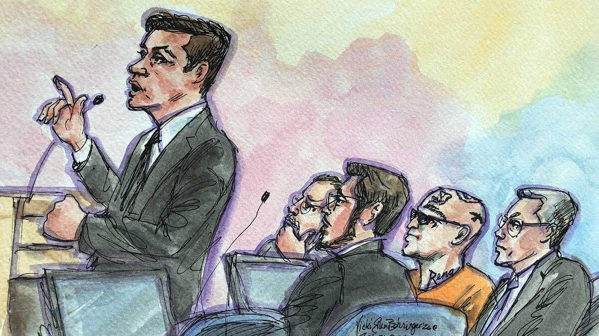 Attorneys give opening statements Monday, Feb. 26, 2024, in a Sacramento federal trial of three incarcerated leaders of California’s Aryan Brotherhood prison gang — including Ronald Yandell, seen seated in an orange jumpsuit. He and two other defendants — Daniel Troxell and William Sylvester — are charged with racketeering, murder and drug peddling.