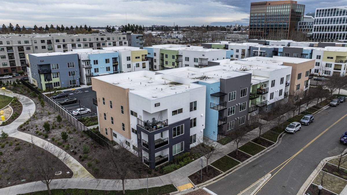 An aerial view of Township 9 housing development in Sacramento's River District in January. 