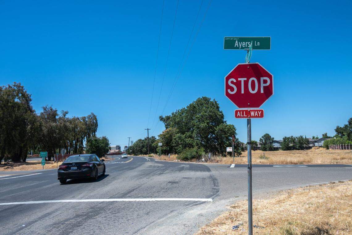 Cars drive along Ayers Lane in Galt earlier this month. The segment of the street where Angel Renteria was hit in 2022 by a drunk driver lacks sidewalks.