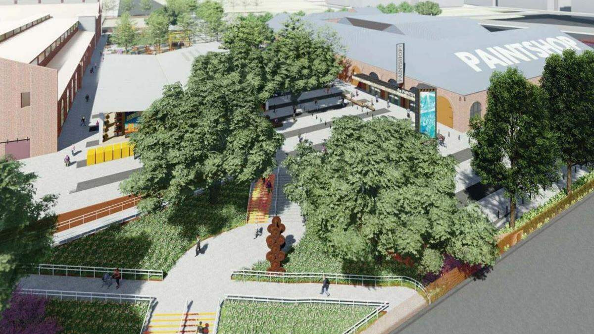 Architectural rendering for the Paintshop, a planned project that would turn a registered historic building in downtown Sacramento’s railyard district into an entertainment venue for 3,500 to 5,000 people.