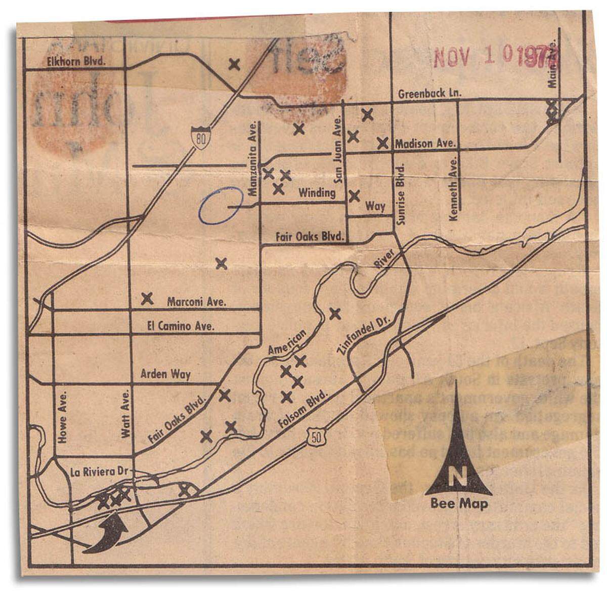 A Sacramento Bee map from 1971 plots 25 attacks attributed to the East Area Rapist. 