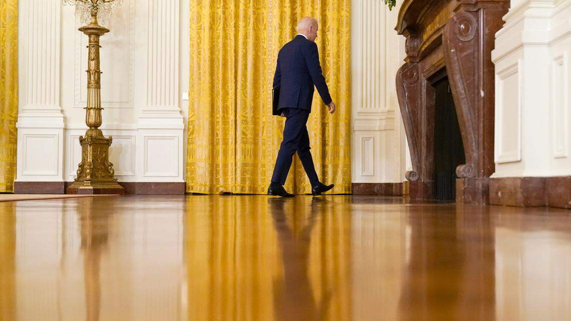 President Joe Biden leaves after speaking about Russia in the East Room of the White House, Thursday, April 15, 2021, in Washington. Biden has been reluctant to authorize an increase in refugee admissions, but bowed to pressure after allies decried his initial decision on Friday to keep Trump’s historic low of 15,000.