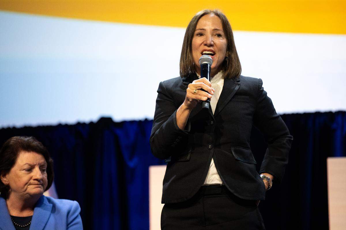Lt. Gov. Eleni Kounalakis speaks during a California Chamber of Commerce panel discussion with candidates for California governor in Sacramento on June 4. Kounalakis announced Friday she is ending her bid for governor and will instead run for state treasurer in the 2026 election.