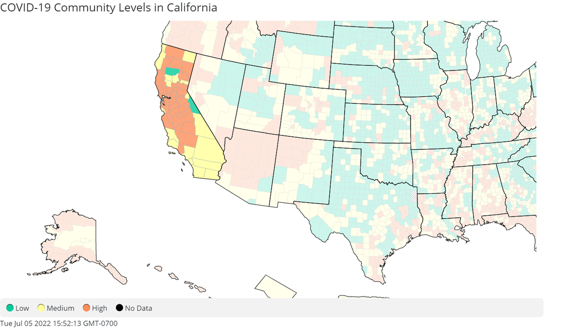 Map of California counties community COVID levels, according to the CDC, as of June 30.