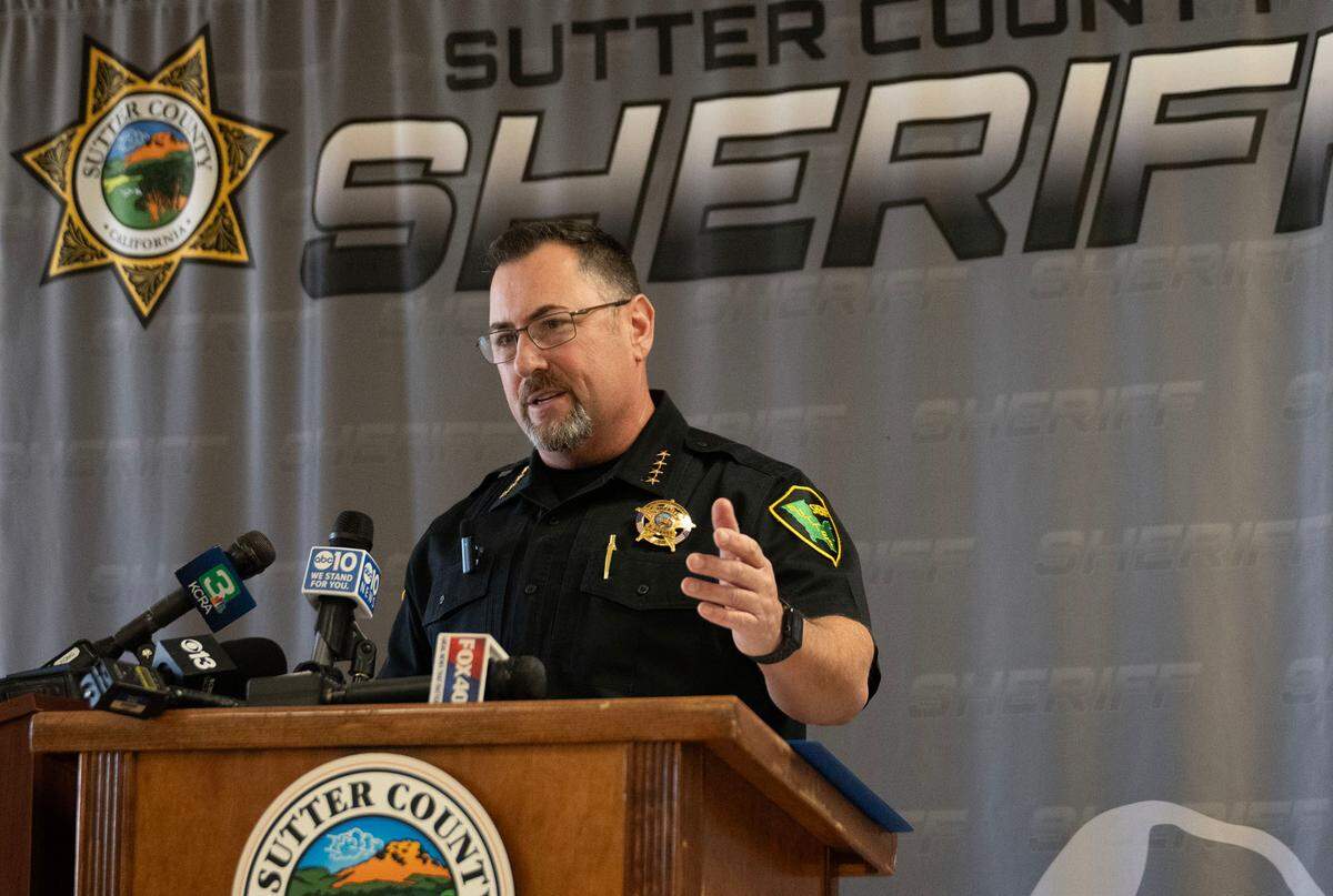 Sutter County Sheriff Brandon Barnes provides details during a press conference in Yuba City on Monday about the death of an 11-year-old boy in the Lovey’s Landing RV park in the community of Meridian.