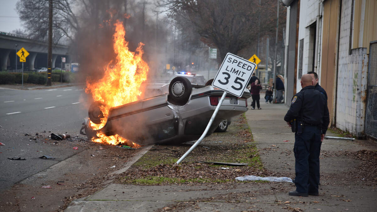An Oldsmobile traveling at a high rate of speed sparked a short police chase and caught on fire in West Sacramento on Monday.