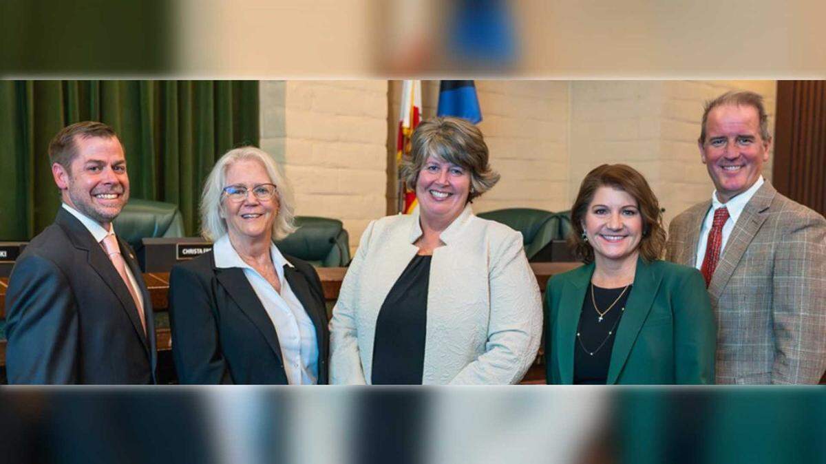 The Folsom City Council members, from left, Mayor Justin Raithel, Barbara Leary, Sarah Aquino, Anna Rohrbough and Mike Kozlowski are seen in an undated photo. The council will consider hiking pay for themselves and the city manager at a City Council meeting on Tuesday.