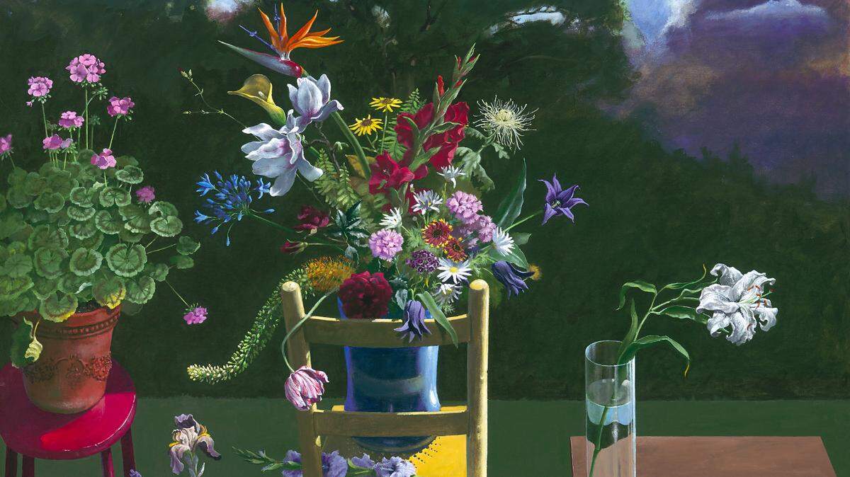 Paul Wonner’s 1992 acrylic painting “Still Life with Flowers and a Note to KMK” is on display at the Crocker Art Museum.