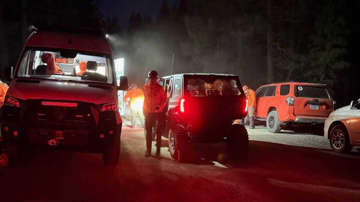 Search and rescue vehicles and personnel assemble at Little Truckee in the Tahoe National Forest on Sunday, June 28, 2026, before teams begin searching for a missing 83-year-old hiker. Agencies responding to the incident included the Sierra County Sheriff's Office, Nevada County Sheriff's Office Search and Rescue, the U.S. Forest Service, the California Highway Patrol and other partners before the woman was found safe.