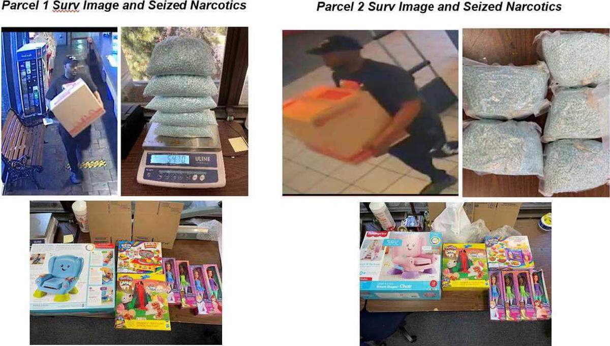 In images compiled in a federal criminal complaint unsealed Thursday, June 1, 2023, fentanyl-laced pills are seen in bulk along with suspects transporting packages and the contents of the packages, which included children’s toys, used to ship narcotics as part of an alleged drug ring operated from Sacramento. Five people, including two members of the Oak Park Bloods, were arrested in connection with the ring that authorities say shipped fentanyl across the United States.