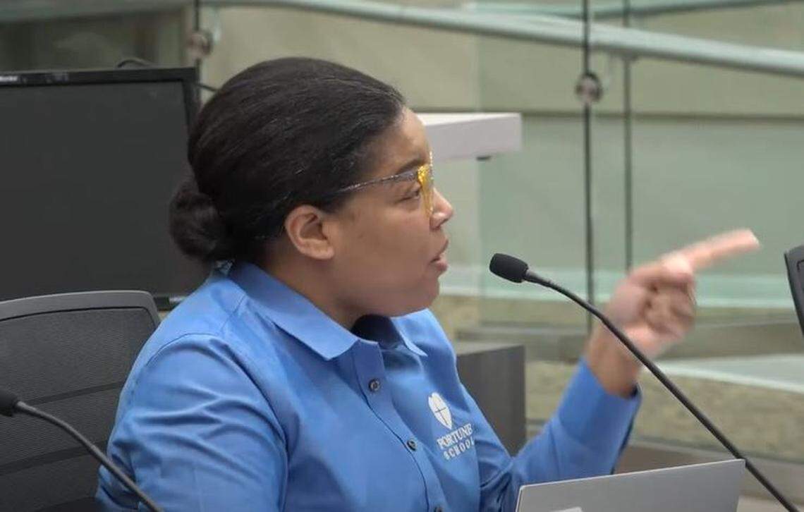 Margaret Fortune, president and CEO of 10 public charter schools in California, speaks to the state’s reparations task force on Saturday in an image from video.