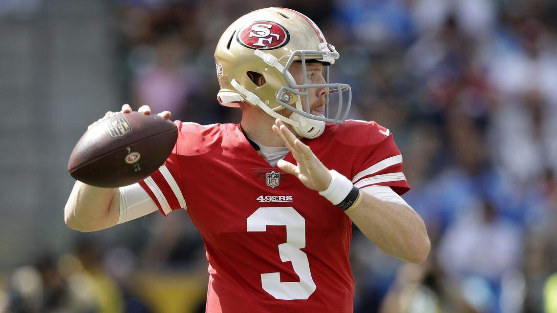San Francisco 49ers quarterback C.J. Beathard passes during the first half of an NFL football game against the Los Angeles Chargers, Sunday, Sept. 30, 2018, in Carson, Calif.