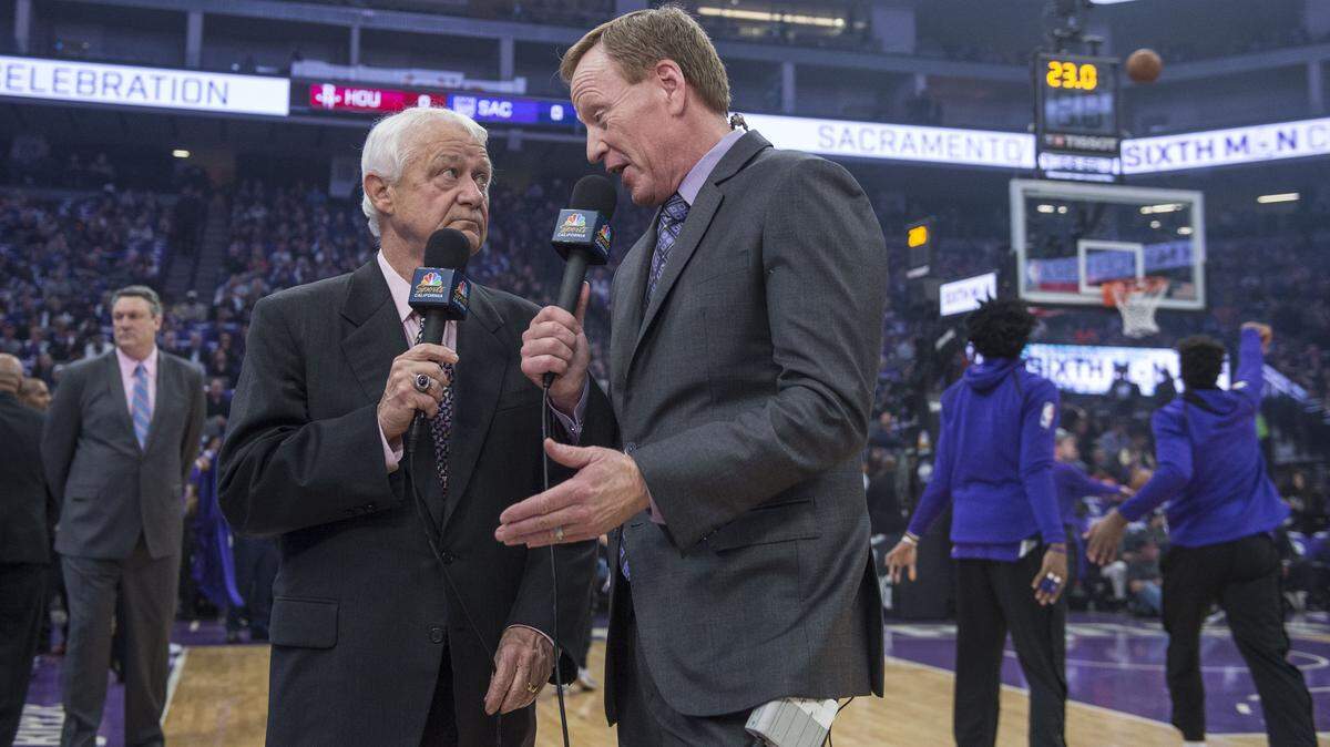 Jerry Reynolds and Grant Napear broadcast courtside in 2018 at Golden 1 Center. A federal judge ruled Napear could not sue his former employer, Bonneville International, under a state statute protecting the political rights of employees. Napear had been fired in 2020 after a controversial tweet during nationwide Black Lives Matter protests.