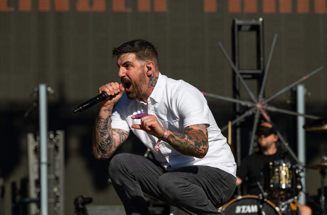 The Dillinger Escape Plan vocalist Dimitri Minakakis performs during the Aftershock festival on Friday, Oct. 3, 2025, in Discovery Park in Sacramento. 