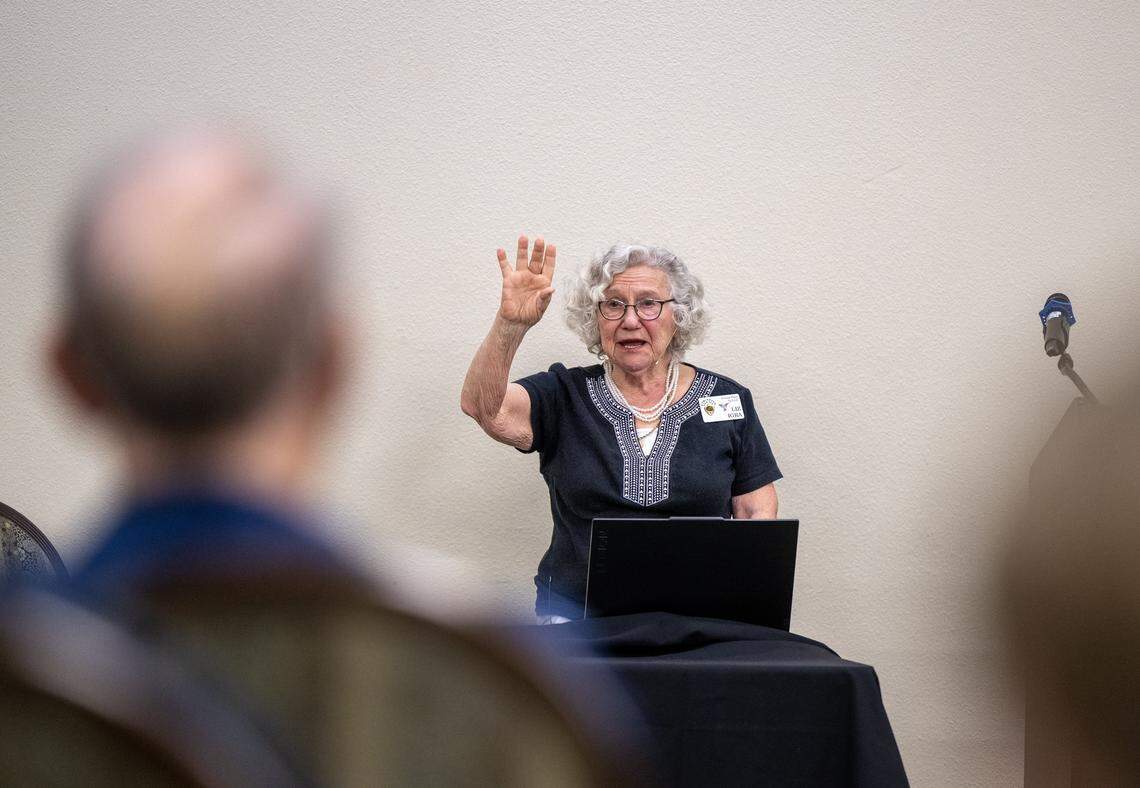 Liz Igra recounts looking out and waving to her father for the last time during a Holocaust presentation at Eskaton Village in Carmichael on Tuesday, March 24, 2026.
