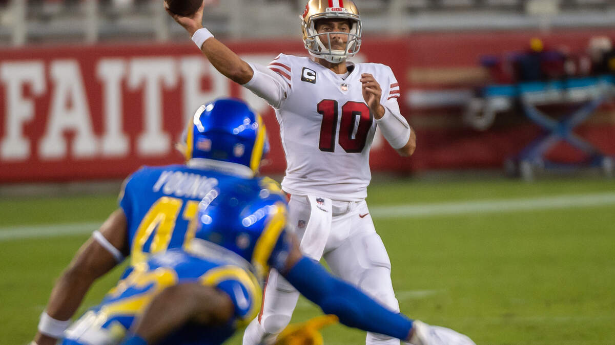 San Francisco 49ers quarterback Jimmy Garoppolo (10) throws a pass to wide receiver Trent Taylor (15) in the second quarter during a game at Levi’s Stadium on Sunday, Oct. 18, 2020 in Santa Clara.