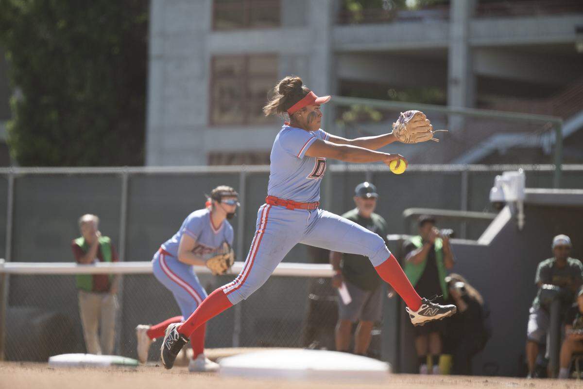 The Destiny Christian Academy Lions' Ayla Tuua pitches in the first inning against the Vanden Vikings on Saturday in the CIF Sac-Joaquin Section Division III softball championship at Sacramento State.