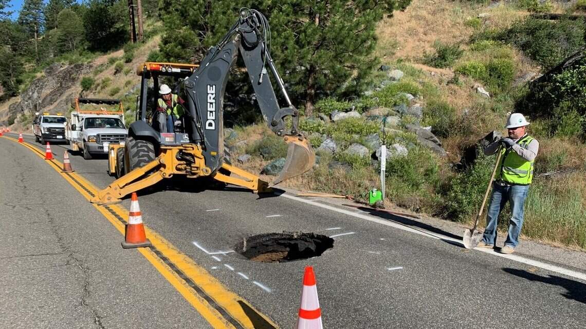 Sinkhole creates one-way traffic on California highway after 91-year-old pipe collapses