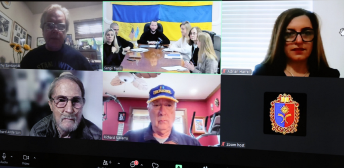 A Zoom call with representatives from Modesto Sister Cities International and individuals in Khmelnytskyi, Ukraine.