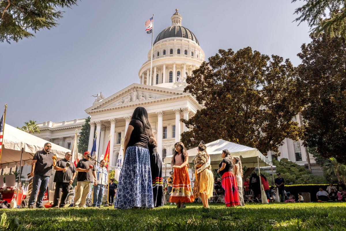 Intertribal Dance Singers and dancers perform during the California Native American Nations 56th Annual Native American Day at state Capitol on Friday, Sept. 22, 2023.