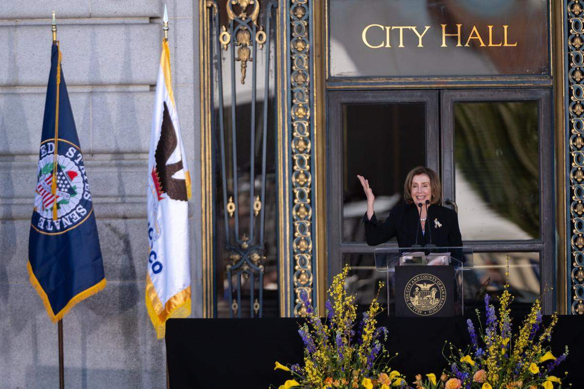 U. S. House Speaker Emerita Nancy Pelosi remembers her friend Sen. Dianne Feinstein during a memorial service at San Francisco City Hall on Oct. 5, 2023. 