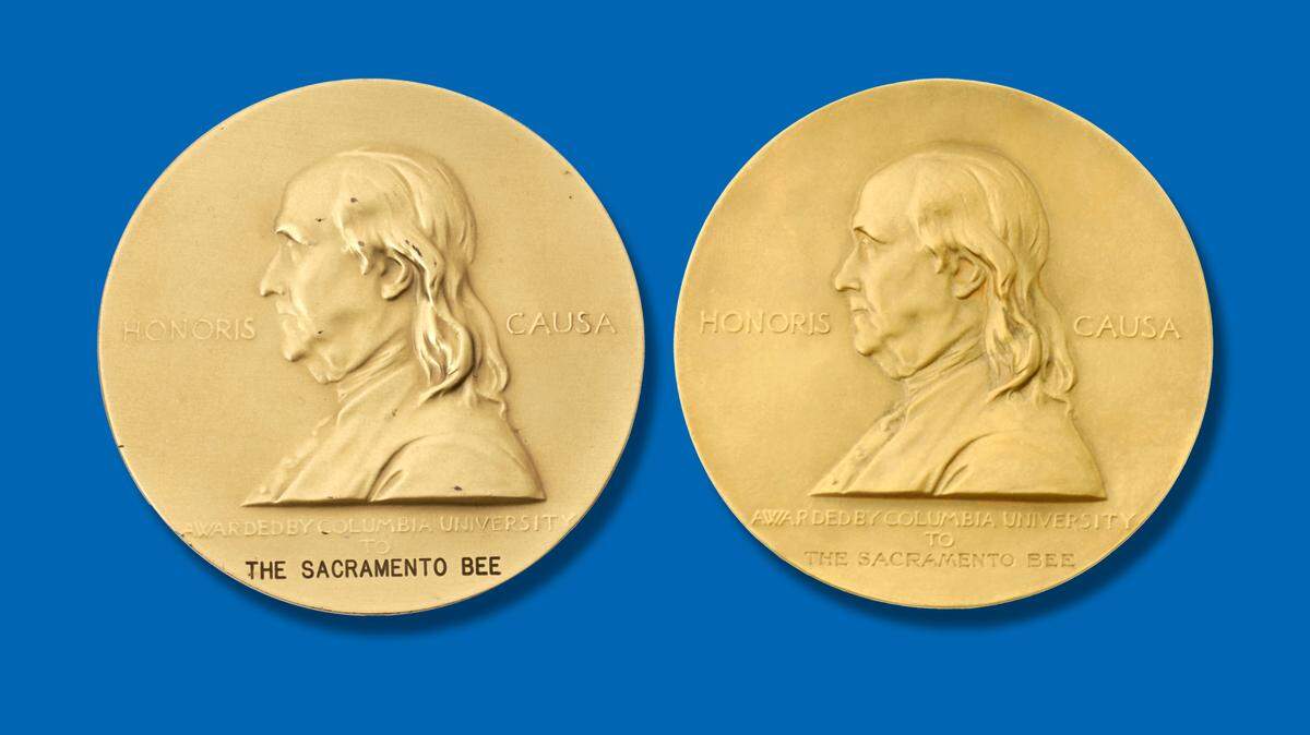 The Sacramento Bee’s 1992 and 1935 Pulitzer Prize medals. The items were recovered by Sacramento police Tuesday after they arrested a suspect in connection with a weekend burglary in the newsroom.