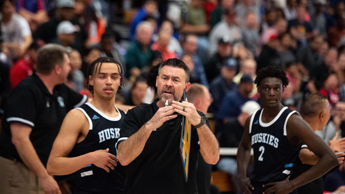 Sheldon coach Joey Rollings shouts for a timeout that nearly isn’t recognized during fourth period play against Dublin at the high school boys basketball CIF NorCal Open Division semifinal Tuesday, March 10, 2020, at Dublin High School. Sheldon defeated Dublin 59-58 to advance.