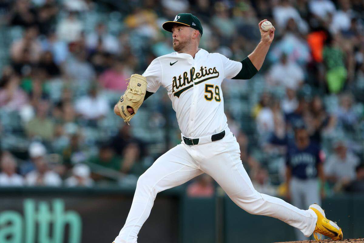 Athletics starting pitcher Jeffrey Springs throws a pitch against the Seattle Mariners during the second inning Wednesday at Sutter Health Park in West Sacramento.