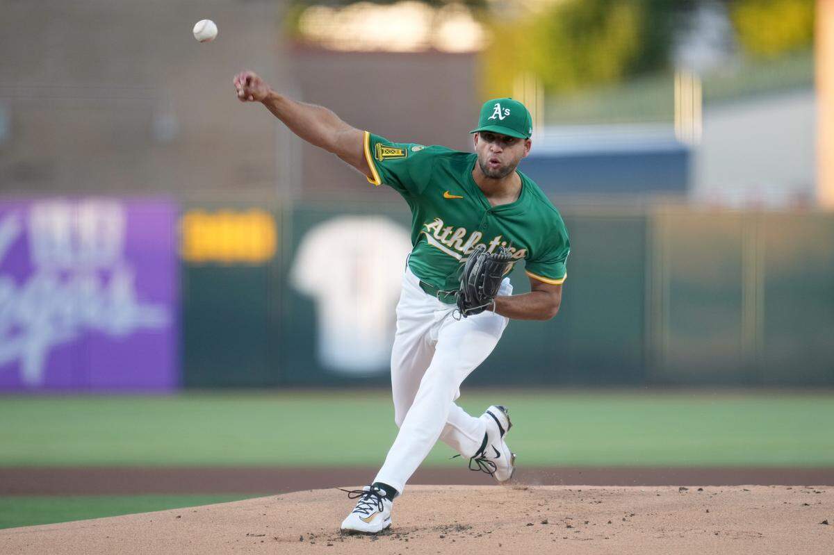 Athletics starting pitcher Luis Morales delivers a pitch against the Detroit Tigers in the first inning Wednesday at Sutter Health Park in West Sacramento.
