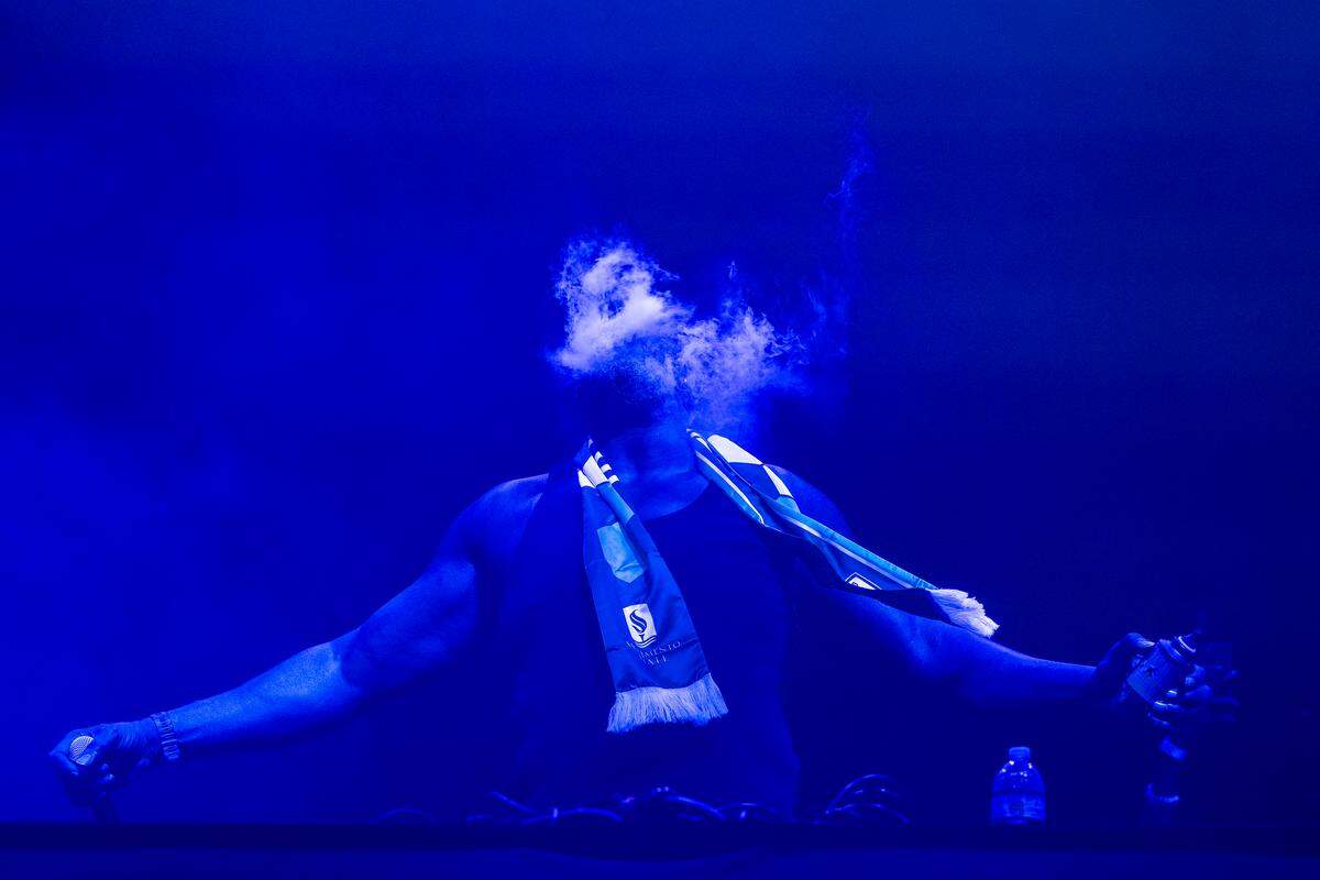 Shaquille O'Neal, aka DJ Diesel, takes the stage for his performance at Heart Health Park in Sacramento on July 11, 2025.