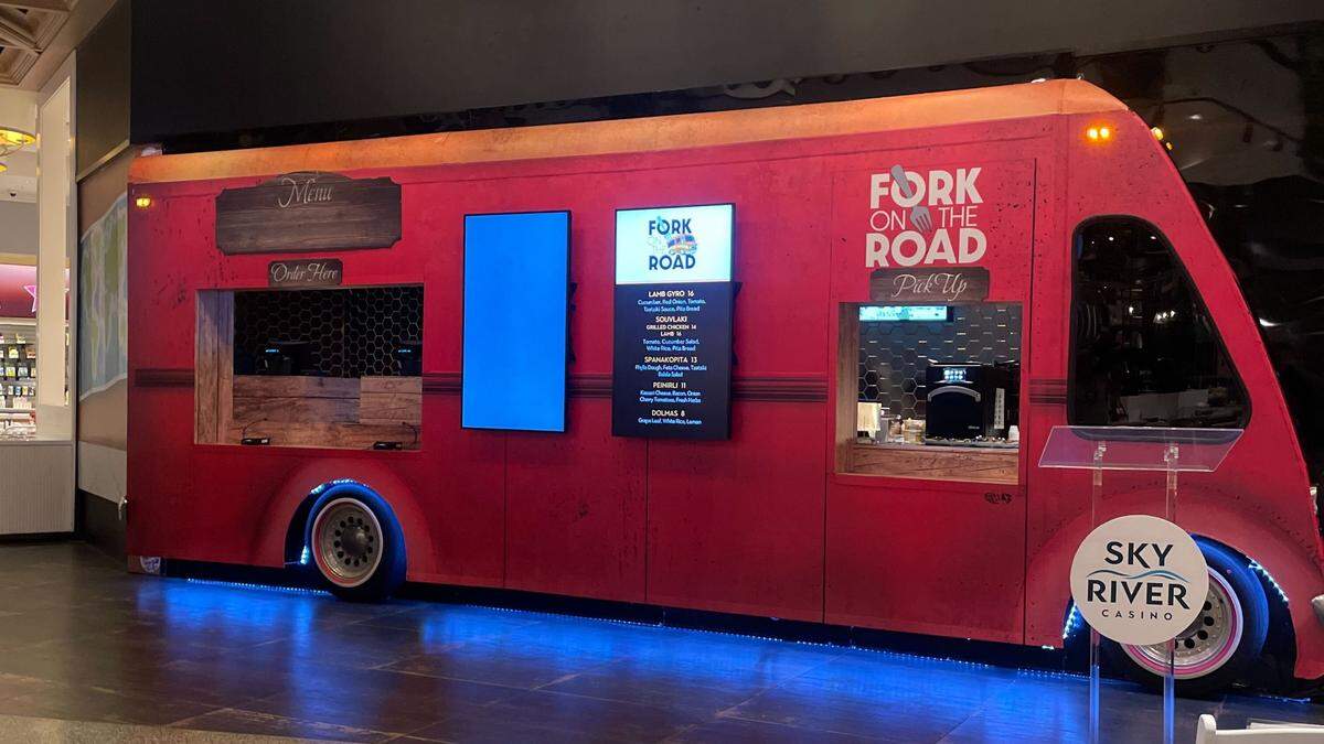 Sky River Casino debuted its Fork on the Road dining concept on Tuesday, Oct. 7, 2025 with a large food truck facade serving samples of Greek dishes like dolma and spanakopita.