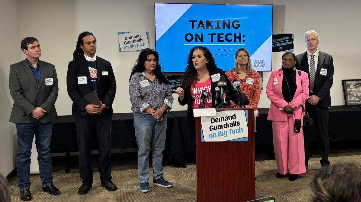 California Federation of Labor Unions President Lorena Gonzalez speaks during a news conference in Sacramento on Feb. 4, 2026. Labor leaders Charlie Wishman, Braxton Winston, Susie Martinez, Liz Shuler, Yvonne Brooks and Chris Hannan also spoke to urge Gov. Gavin Newsom to protect workers during the age of artificial intelligence.