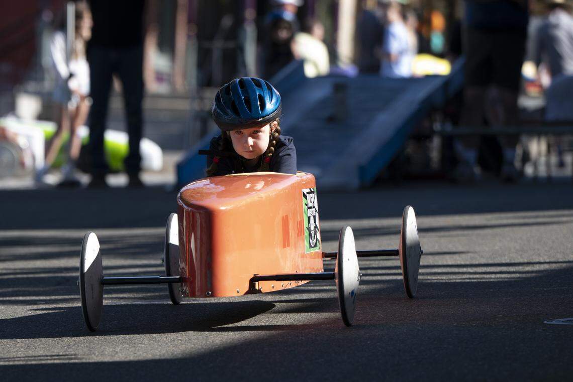 A racer races in the stock class in Folsom Historic District’s All-American Soap Box Derby in Folsom on Sunday, Oct. 5, 2025.