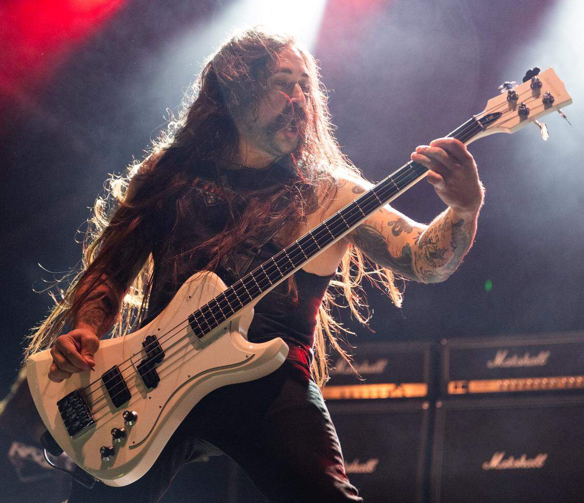 Power Trip bassist Chris Whetzel performs during the Aftershock festival on Friday, Oct. 3, 2025, in Discovery Park in Sacramento.  