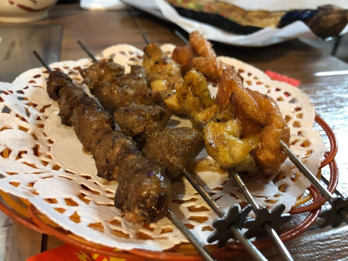 Beef and chicken skewers at MT BBQ House in Davis.