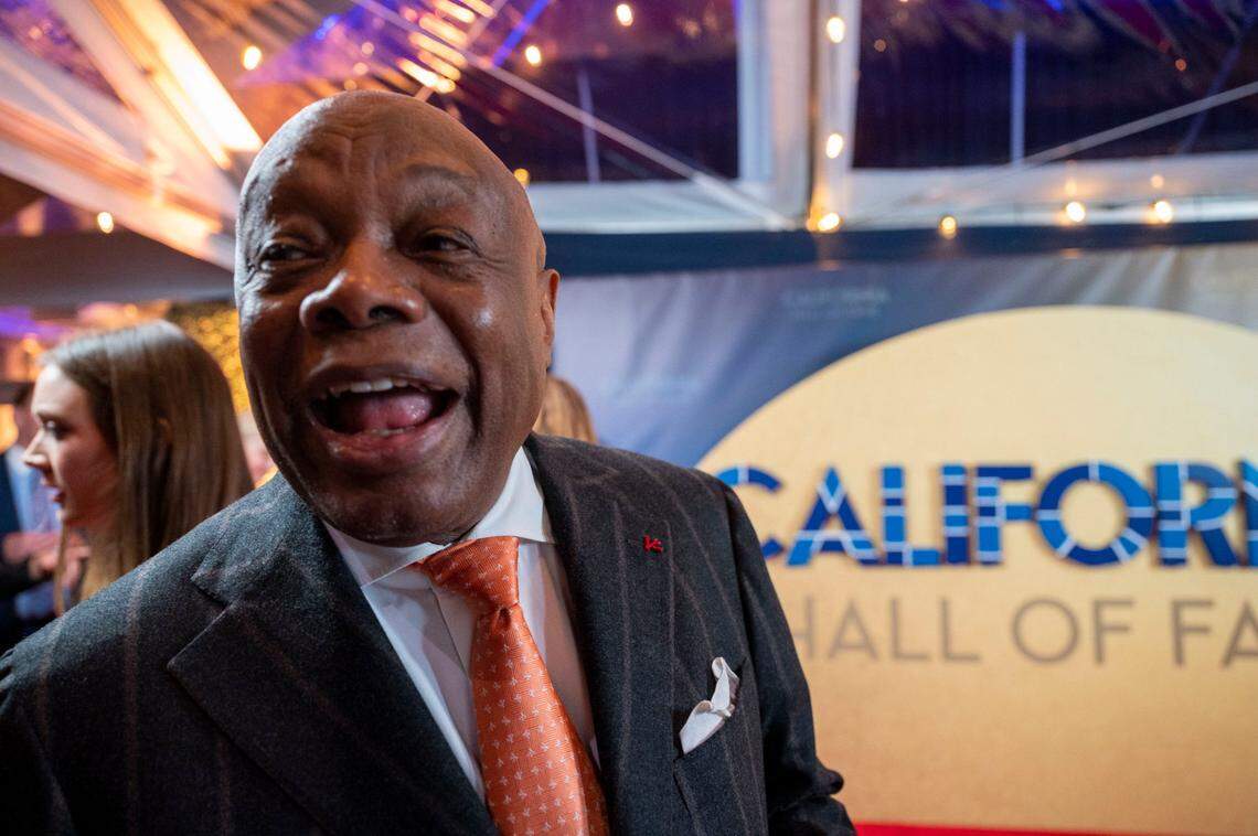 Willie Brown Jr., former California Assembly Speaker and a two-term mayor of San Francisco, talks with media on the red carpet before being inducted into the California Hall of Fame on Tuesday. Brown was the first Black man to hold either office, and the longest serving Speaker in state history. 