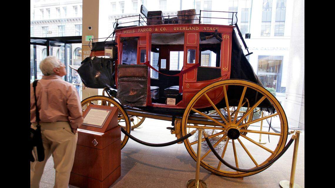 An original Wells Fargo & Co. stagecoach on display at the bank’s San Francisco headquarters.