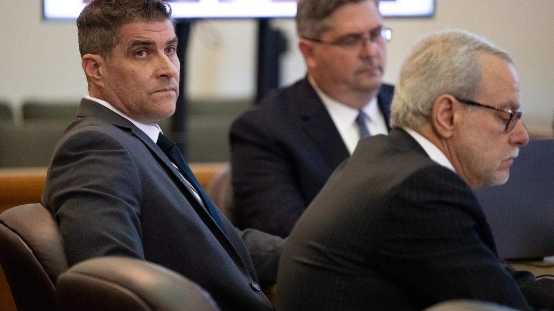 Daniel Serafini, the former Major League Baseball player on trial, listens to the prosecutor’s opening statement with his attorneys David Dratman and David Fischer in Placer Superior Court in Auburn on Monday, May 19, 2025.