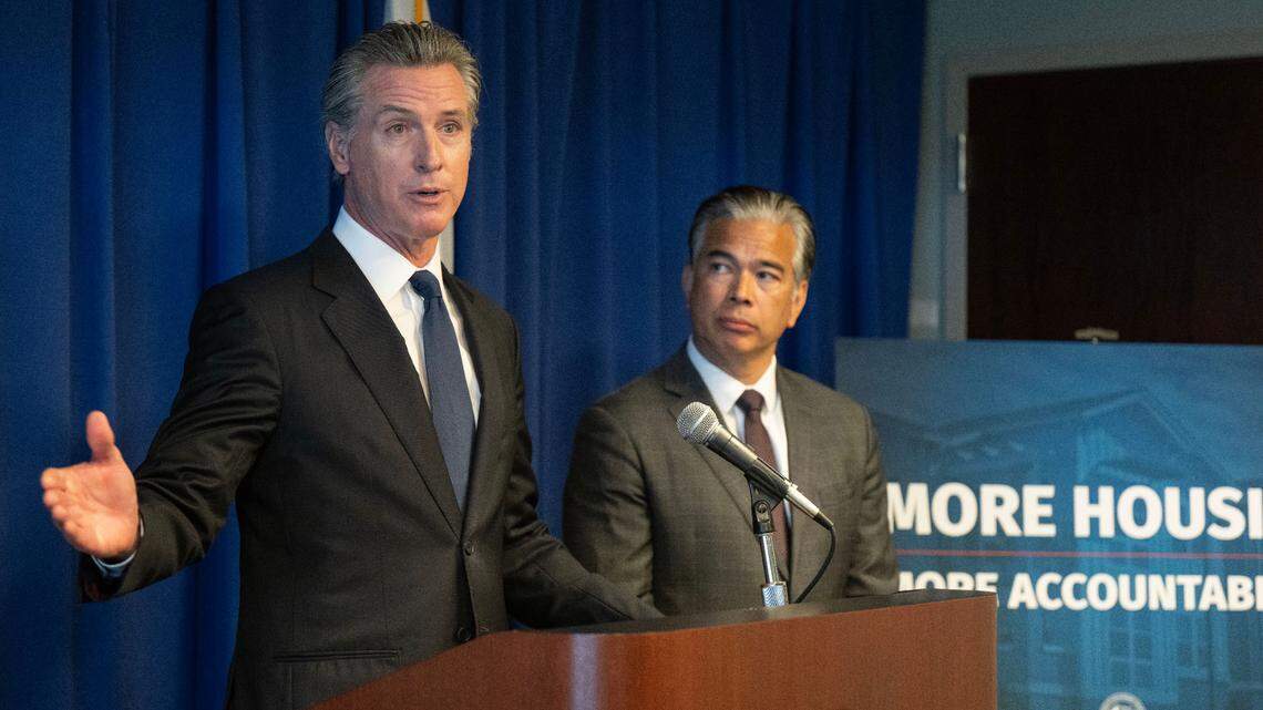 Gov. Gavin Newsom, joined by state Attorney General Rob Bonta, speaks Wednesday, Sept. 4, 2024, at a California Department of Justice press conference in Sacramento about a housing settlement with the city of Elk Grove.
