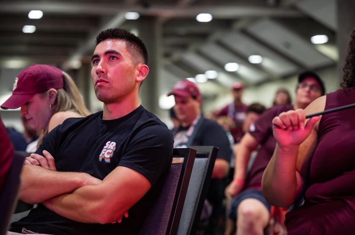 Cameron Iwasa, former Sacramento Republic FC player and leading goal scorer, sits with thousands of other fans during the watch party at SAFE Credit Union Convention Center as Sacramento plays Orlando City SC at the U.S. Open Cup final Wednesday, Sept. 7, 2022, at Exploria Stadium in Orlando.