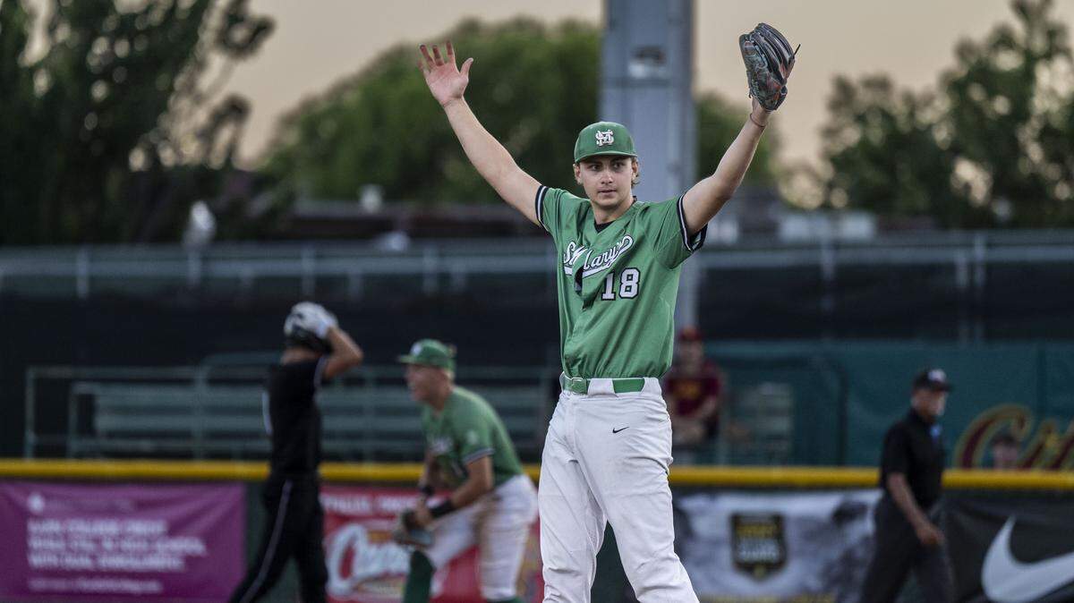 St. Mary's Rams pitcher Dax Hardcastle celebrates his final strikeout against Franklin High School during the CIF Sac-Joaquin Section Division I baseball championship Friday at Sacramento City College.
