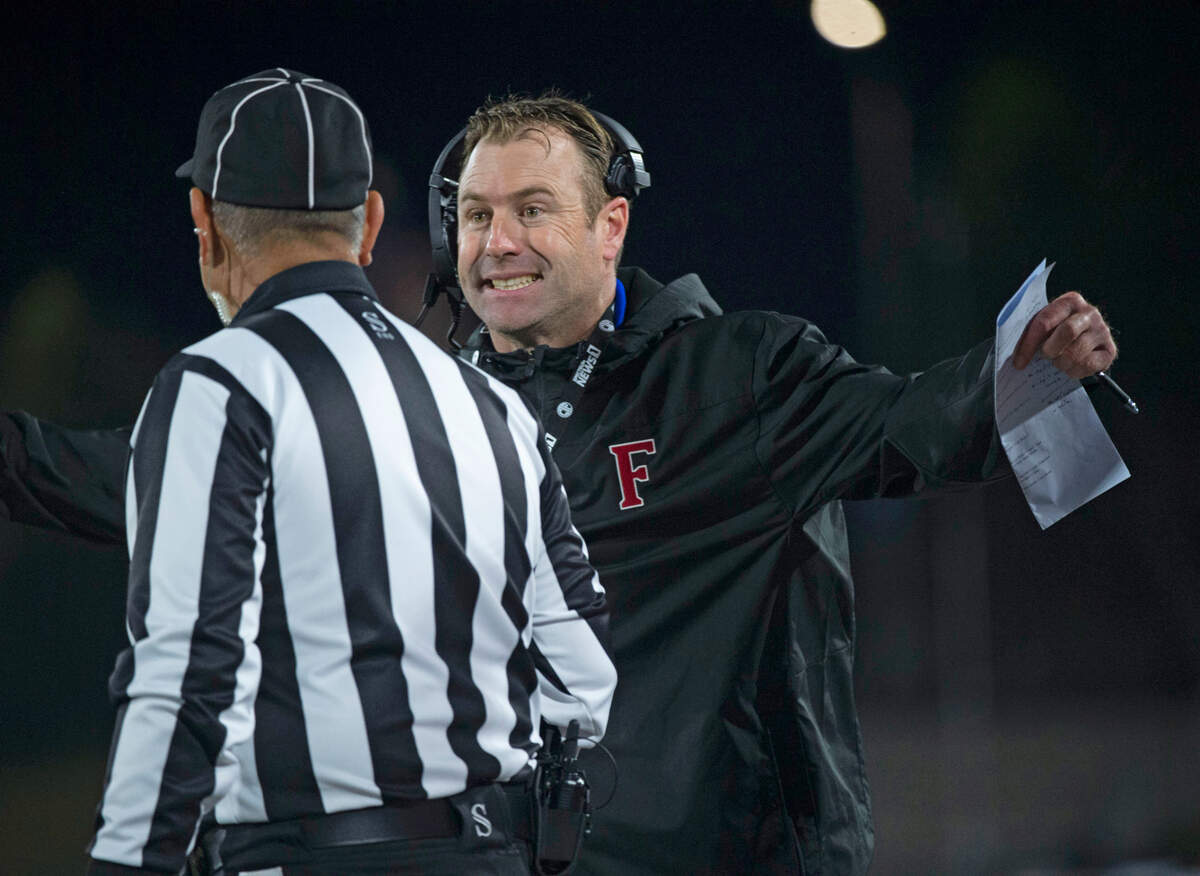 Folsom High School head coach Paul Doherty makes the case for a call unsuccessfully during the Division I-AA State Championship game against Mater Dei Catholic at Saddleback College in Mission Viejo on Dec. 10. Doherty is The Bee’s Coach of the Year.
