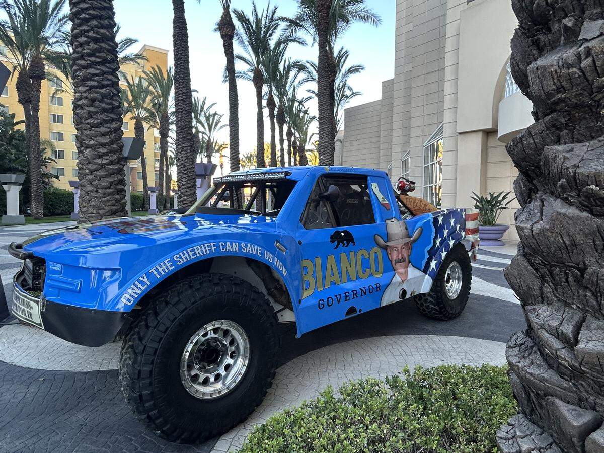 A vehicle decorated in support of Chad Bianco parked outside the California Republican Party’s convention in Orange County last year. Bianco gained national attention in the pandemic for pushing back against stay-at-home orders and vaccine mandates.